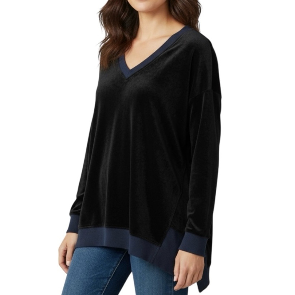 WILT Crushed Velvet Velour Navy Blue Asymmetric Hem Oversized Sweatshirt Top S